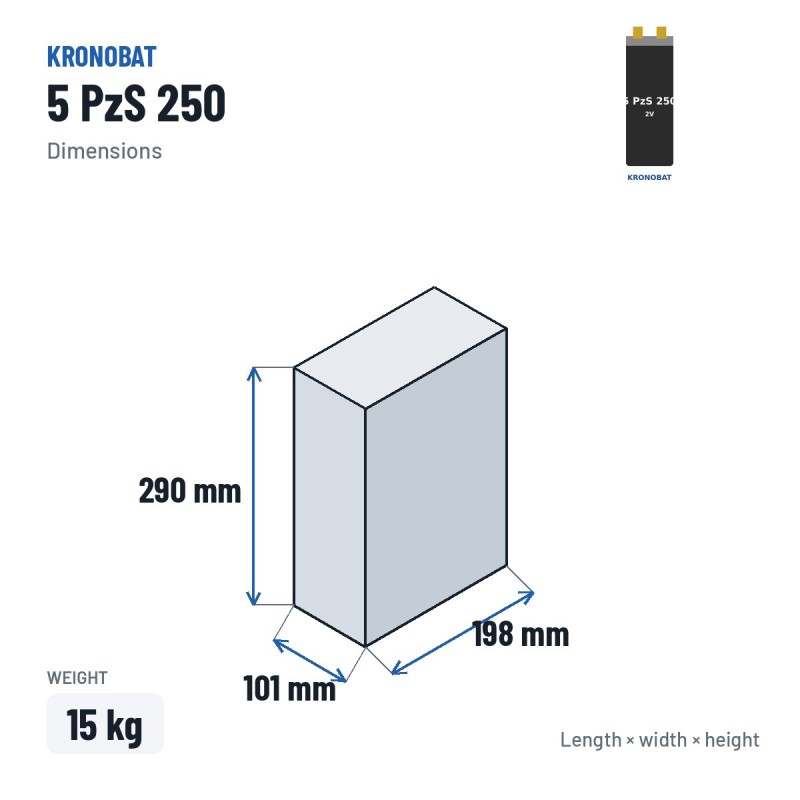 Élément de traction Kronobat 5 PzS 250 2V 250Ah – dimensions 101 × 198 × 290 mm