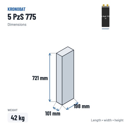 Elemento de tração Kronobat 5 PzS 775 2V 775Ah – medidas 101 × 198 × 721 mm