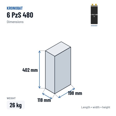Elemento di trazione Kronobat 6 PzS 480 2V 480Ah – dimensioni 118 × 198 × 402 mm