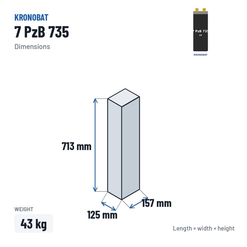 Élément de traction Kronobat 7 PzB 735 2V 735Ah – dimensions 125 × 157 × 713 mm