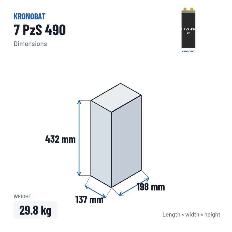 Elemento de tração Kronobat 7 PzS 490 2V 490Ah – medidas 137 × 198 × 432 mm