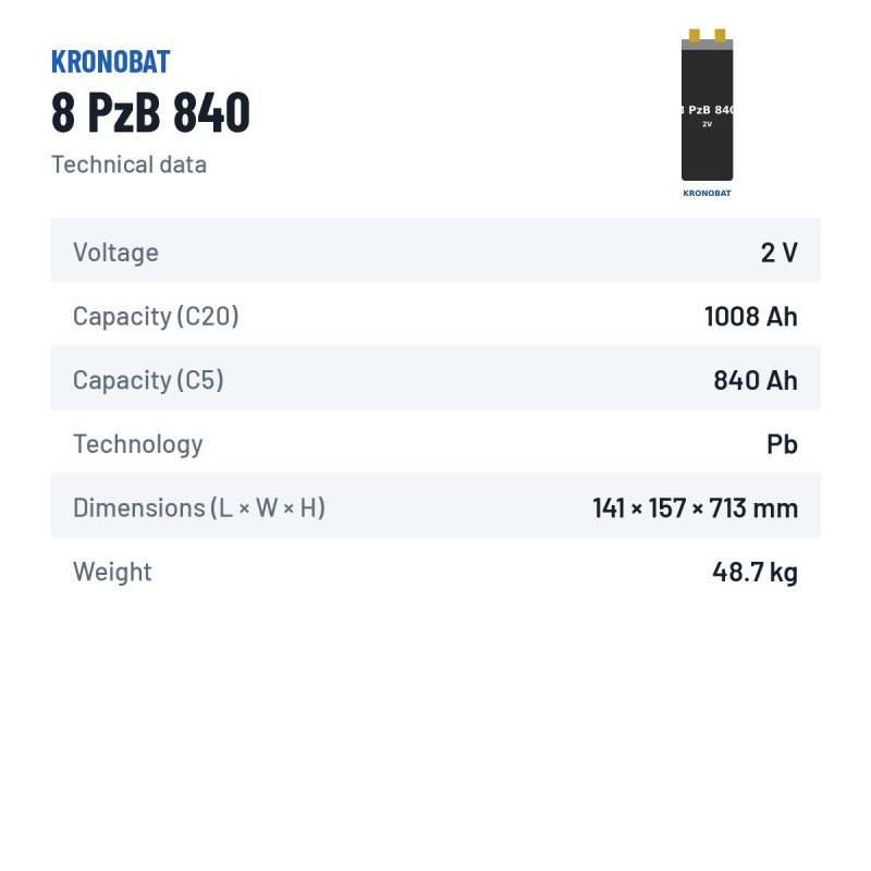 Elemento di trazione Kronobat 8 PzB 840 2V 840Ah | baterias.com