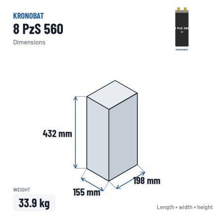 Élément de traction Kronobat 8 PzS 560 2V 560Ah – dimensions 155 × 198 × 432 mm