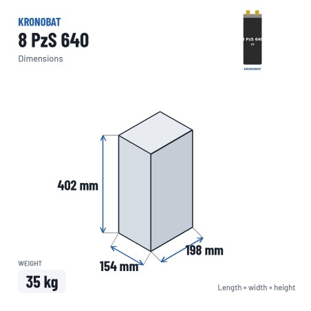 Elemento de tração Kronobat 8 PzS 640 2V 640Ah – medidas 154 × 198 × 402 mm