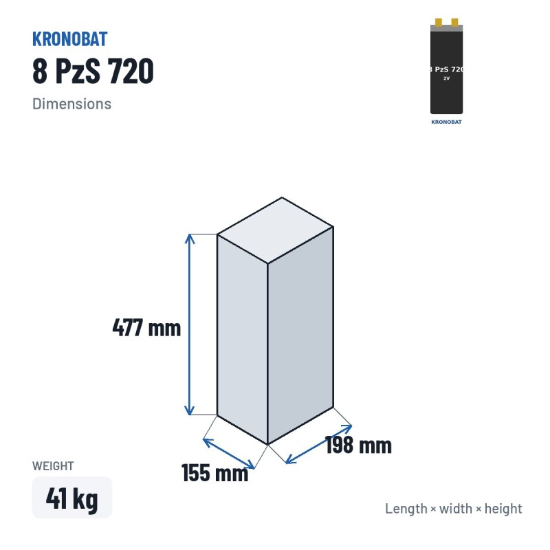 Elemento de tracción Kronobat 8 PzS 720 2V 720Ah – medidas 155 × 198 × 477 mm