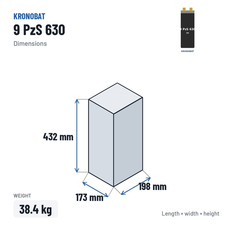 Élément de traction Kronobat 9 PzS 630 2V 630Ah – dimensions 173 × 198 × 432 mm
