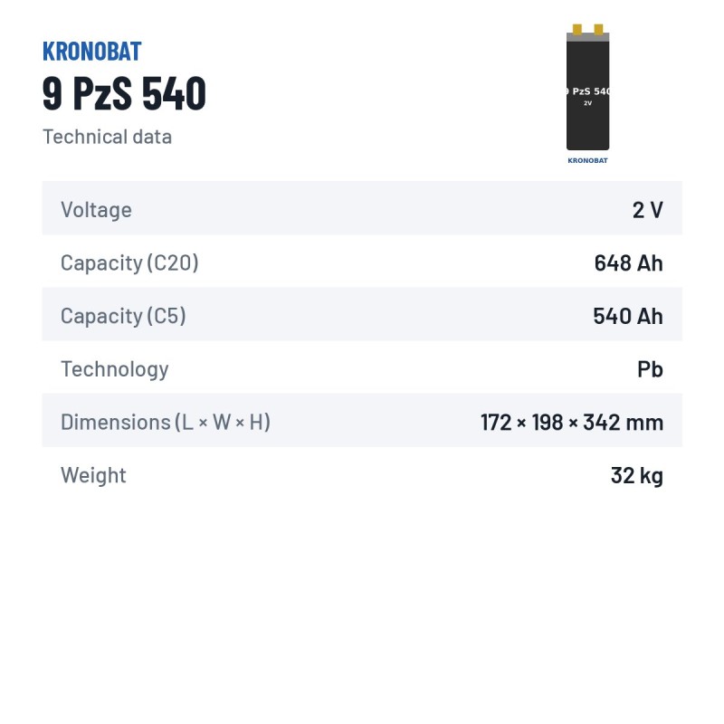 Traction cell Kronobat 9 PzS 540 2V 540Ah | baterias.com