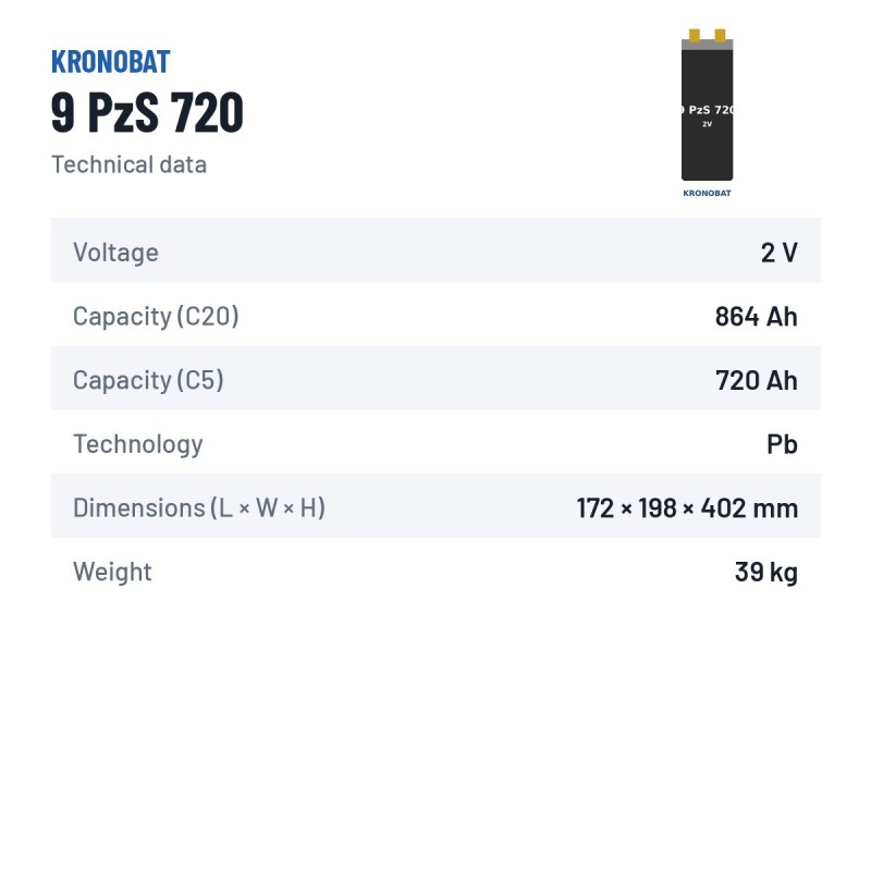 Elemento de tracción Kronobat 9 PzS 720 2V 720Ah | baterias.com