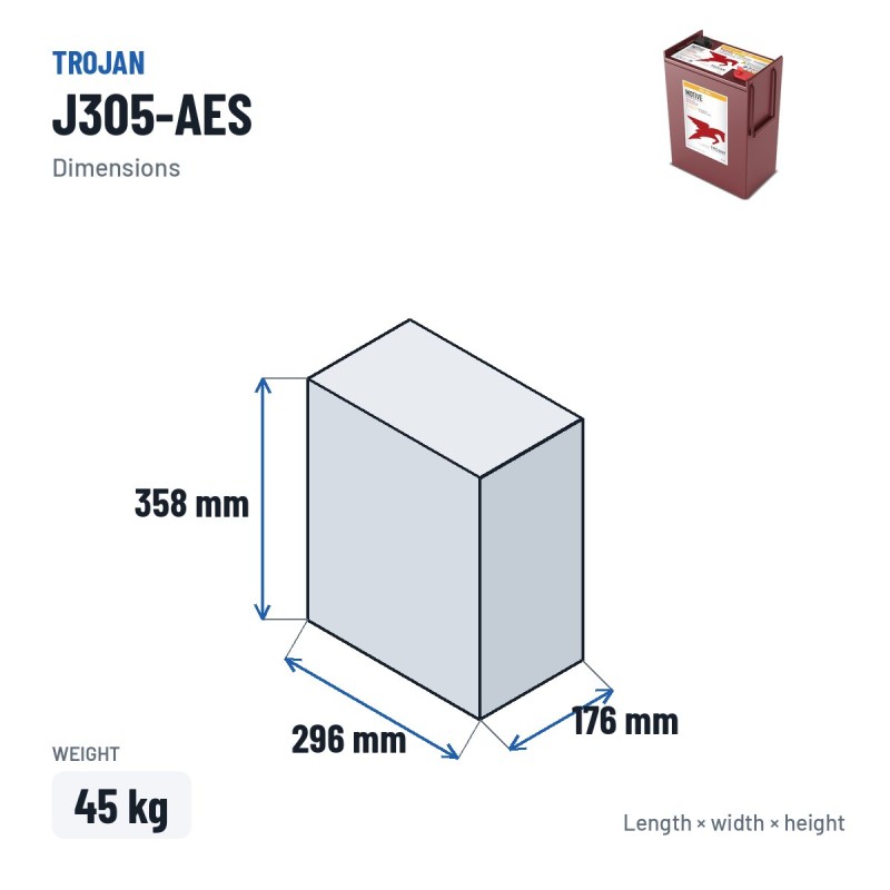 Batterie à décharge profonde Trojan J305-AES 6V 279Ah AGM – dimensions 296 × 176 × 358 mm