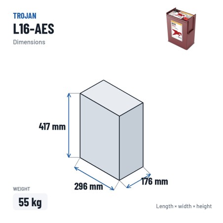 Deep-Cycle-Batterie Trojan L16-AES 6V 355Ah AGM – Abmessungen 296 × 176 × 417 mm