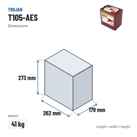 Batería de ciclo profundo Trojan T105-AES 6V 240Ah AGM – medidas 262 × 179 × 273 mm