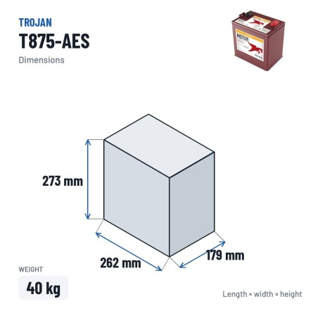 Deep cycle battery Trojan T875-AES 8V 170Ah AGM – dimensions 262 × 179 × 273 mm