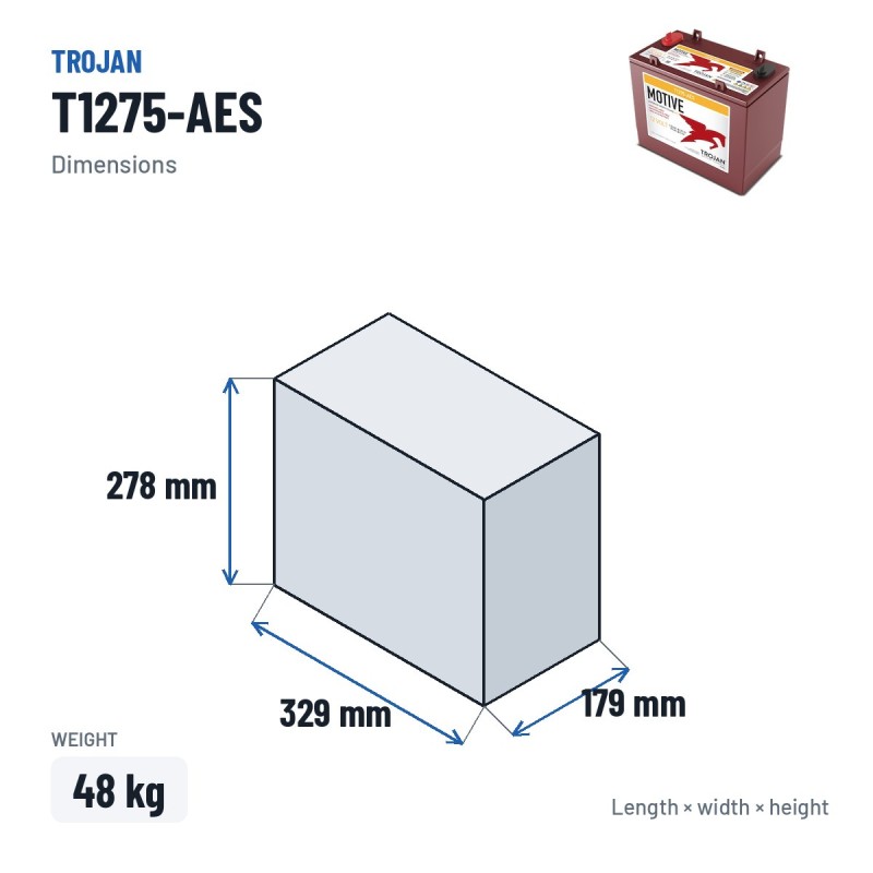 Deep cycle battery Trojan T1275-AES 12V 146Ah AGM – dimensions 329 × 179 × 278 mm