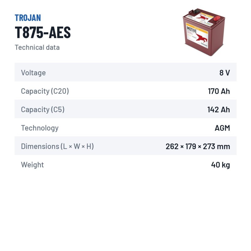 Batteria a ciclo profondo Trojan T875-AES 8V 170Ah AGM | baterias.com