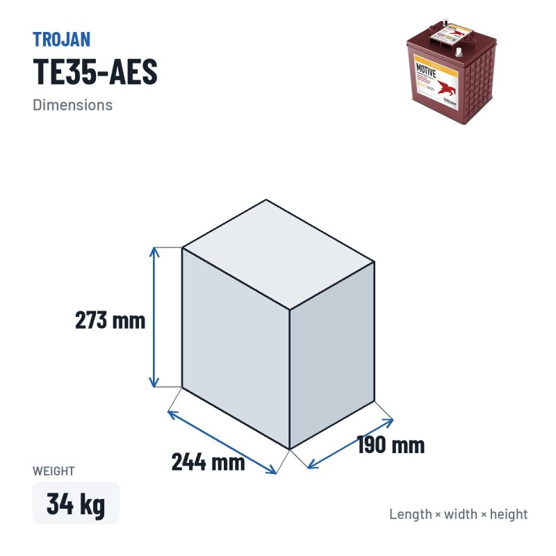 Batería de ciclo profundo Trojan TE35-AES 6V 210Ah AGM – medidas 244 × 190 × 273 mm