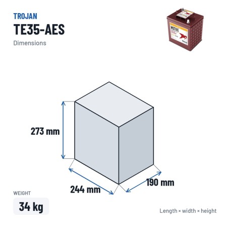 Deep-Cycle-Batterie Trojan TE35-AES 6V 210Ah AGM – Abmessungen 244 × 190 × 273 mm