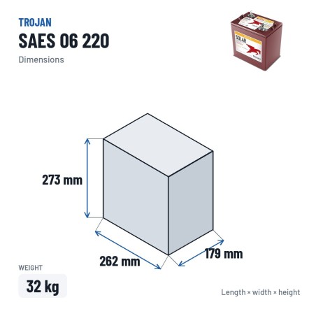 Batterie solaire Trojan SAES 06 220 6V 209Ah AGM – dimensions 262 × 179 × 273 mm