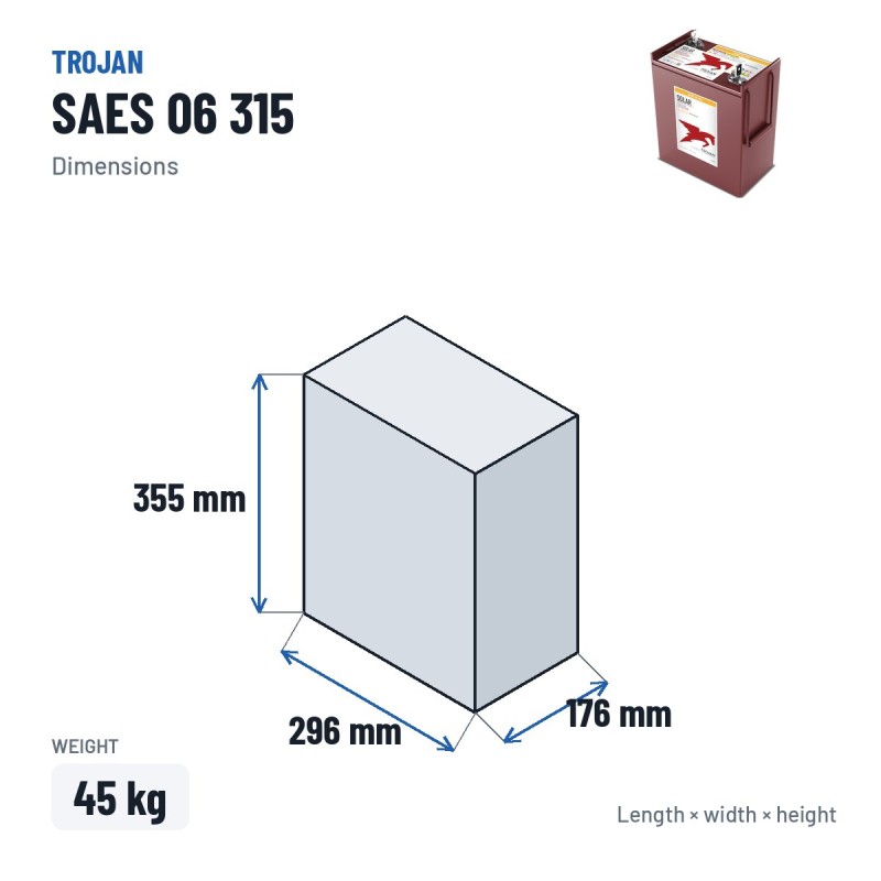 Batterie solaire Trojan SAES 06 315 6V 285Ah AGM – dimensions 296 × 176 × 355 mm