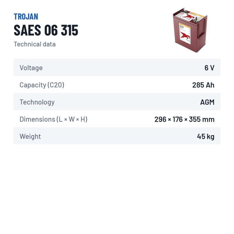 Batterie solaire Trojan SAES 06 315 6V 285Ah AGM – fiche technique