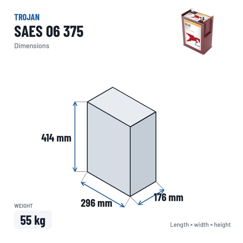 Solarbatterie Trojan SAES 06 375 6V 364Ah AGM – Abmessungen 296 × 176 × 414 mm