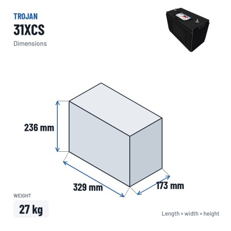 Batterie à décharge profonde Trojan 31XCS 12V 185minAh – dimensions 329 × 173 × 236 mm