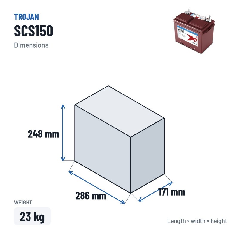 Bateria náutica Trojan SCS150 12V 100Ah – medidas 286 × 171 × 248 mm