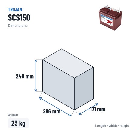 Bateria náutica Trojan SCS150 12V 100Ah – medidas 286 × 171 × 248 mm