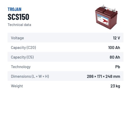 Bateria náutica Trojan SCS150 12V 100Ah – ficha técnica