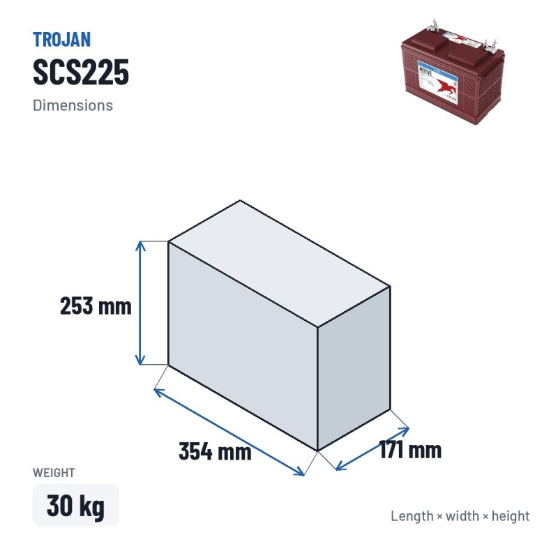 Batería náutica Trojan SCS225 12V 130Ah – medidas 354 × 171 × 253 mm