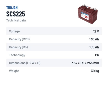 Batería náutica Trojan SCS225 12V 130Ah – ficha técnica