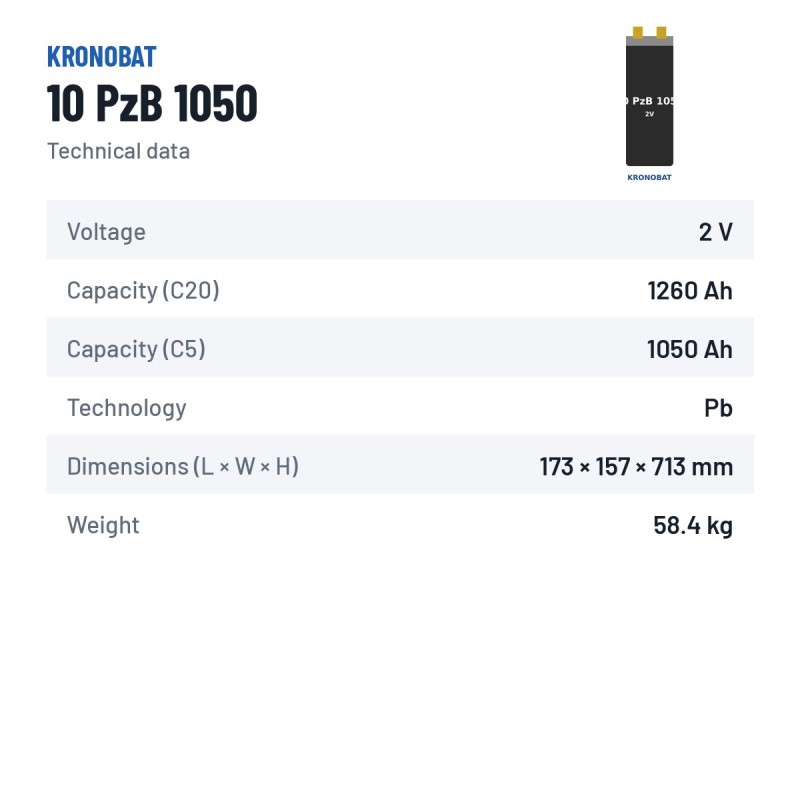 Elemento de tração Kronobat 10 PzB 1050 2V 1050Ah – ficha técnica