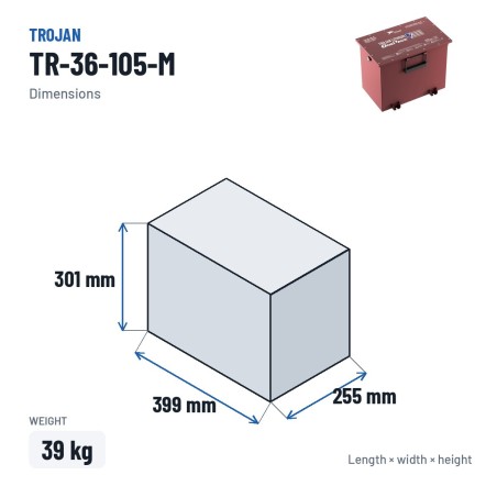 Lithiumbatterie Trojan TR-36-105-M 36V 105Ah LiFePO4 – Abmessungen 399 × 255 × 301 mm
