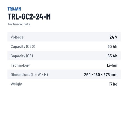 Batteria al litio Trojan TRL-GC2-24-M 24V 65Ah LiFePO4 | baterias.com