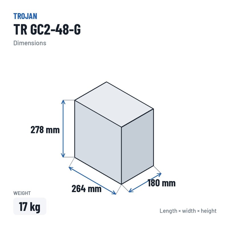 Lithiumbatterie Trojan TR GC2-48-G 48V 30Ah LiFePO4 – Abmessungen 264 × 180 × 278 mm