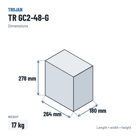 Bateria de lítio Trojan TR GC2-48-G 48V 30Ah LiFePO4 – medidas 264 × 180 × 278 mm