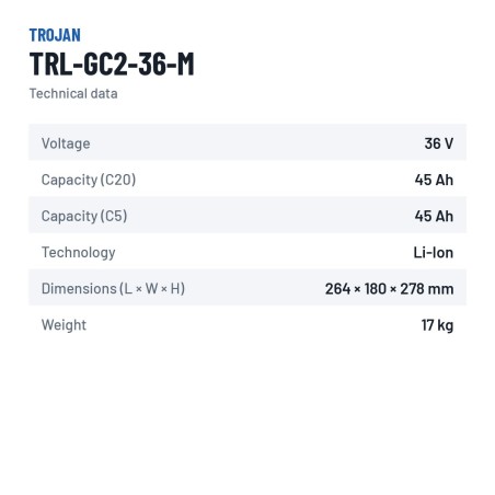 Lithiumbatterie Trojan TRL-GC2-36-M 36V 45Ah LiFePO4 – technische Daten