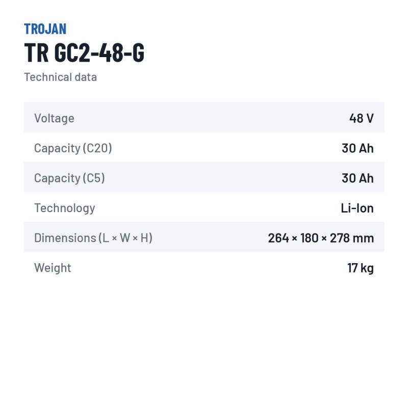 Bateria de lítio Trojan TR GC2-48-G 48V 30Ah LiFePO4 – ficha técnica