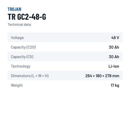 Lithiumbatterie Trojan TR GC2-48-G 48V 30Ah LiFePO4 – technische Daten