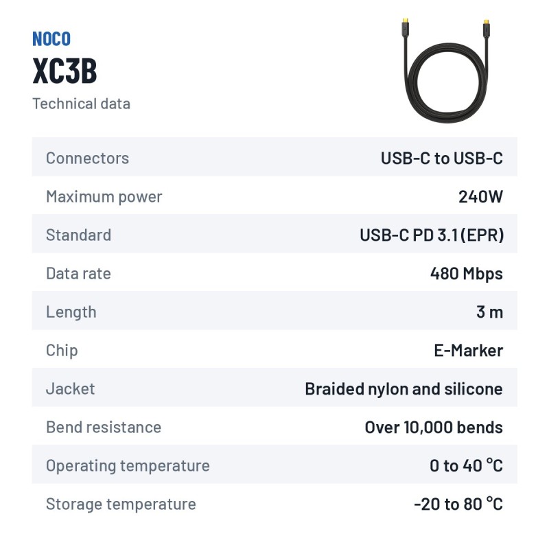 NOCO XGRID XC3B câble USB-C 240 W 3 m | baterias.com