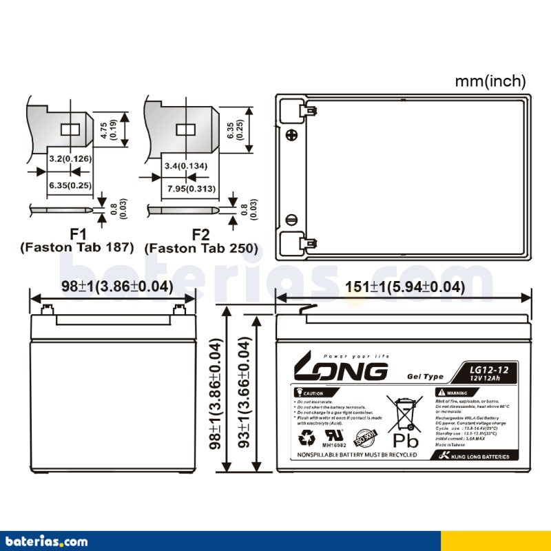 Batteria per carrozzina Long LG12-12 12V 12Ah GEL – immagine 2