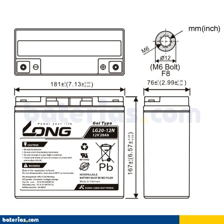 Wheelchair battery Long LG20-12N 12V 20Ah GEL – image 2