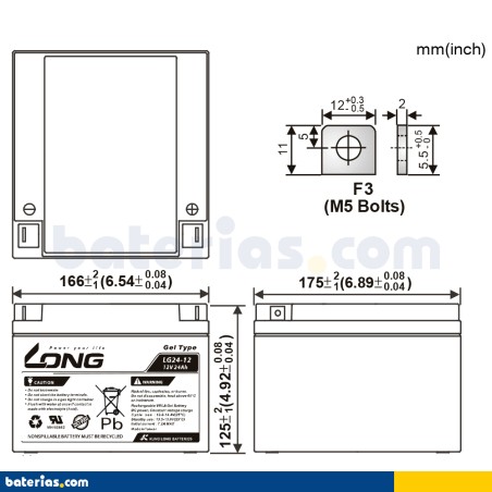Wheelchair battery Long LG24-12 12V 24Ah GEL – image 2