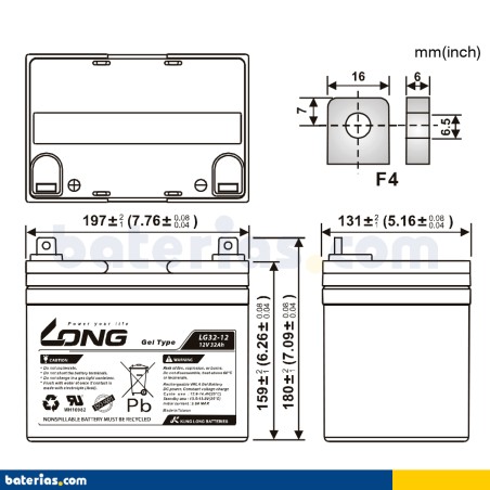 Batteria per carrozzina Long LG32-12 12V 32Ah GEL – immagine 2