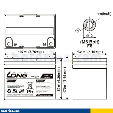 Rollstuhlbatterie Long LG36-12N 12V 36Ah GEL – Bild 2