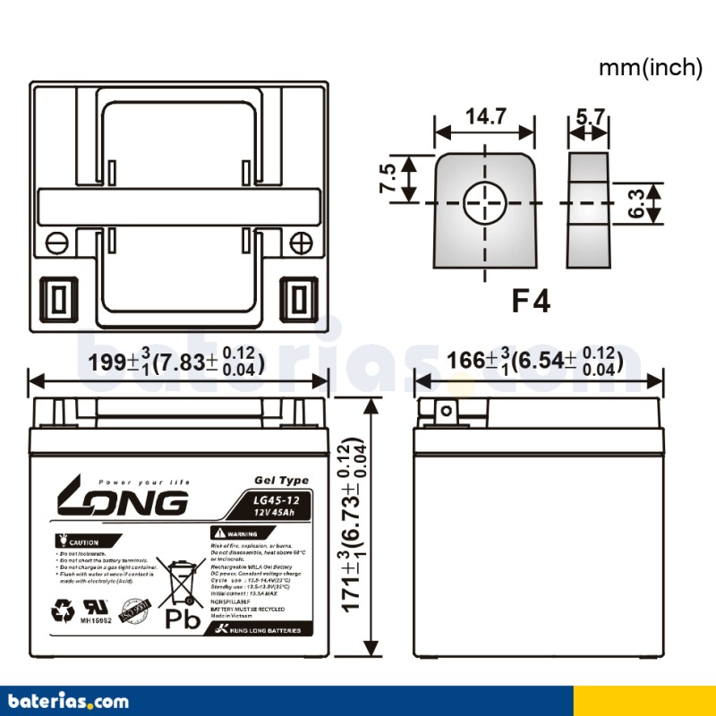 Rollstuhlbatterie Long LG45-12 12V 45Ah GEL – Bild 2