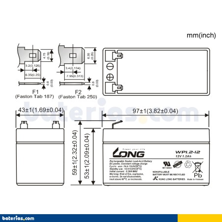 Batteria stazionaria UPS Long WP1.2-12 12V 1.2Ah AGM – immagine 2
