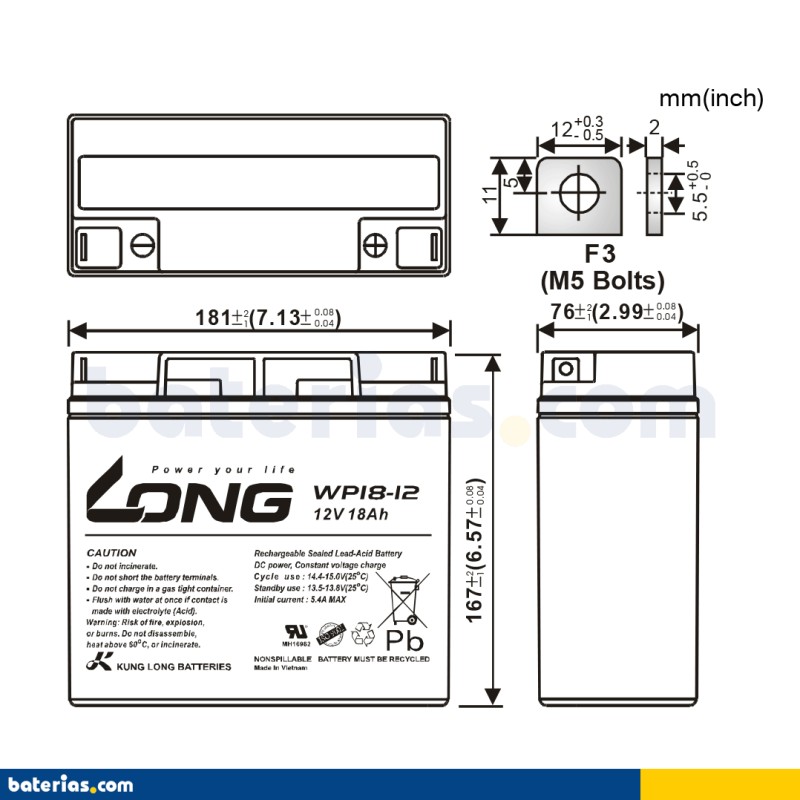 Batteria per carrozzina Long WP18-12 12V 18Ah AGM – immagine 2