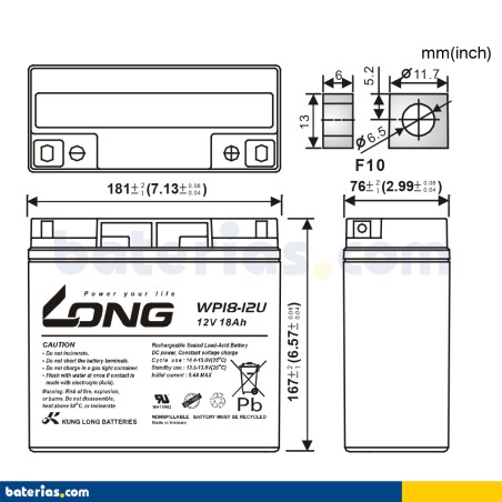 Wheelchair battery Long WP18-12U 12V 18Ah AGM – image 2