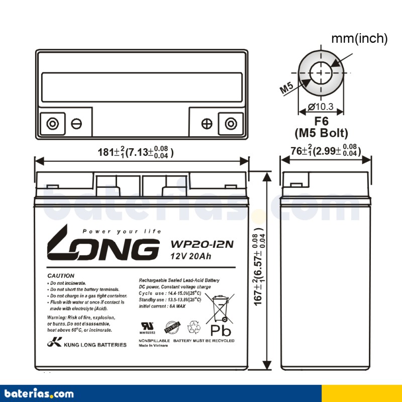 Batterie fauteuil roulant Long WP20-12N 12V 20Ah AGM – image 2