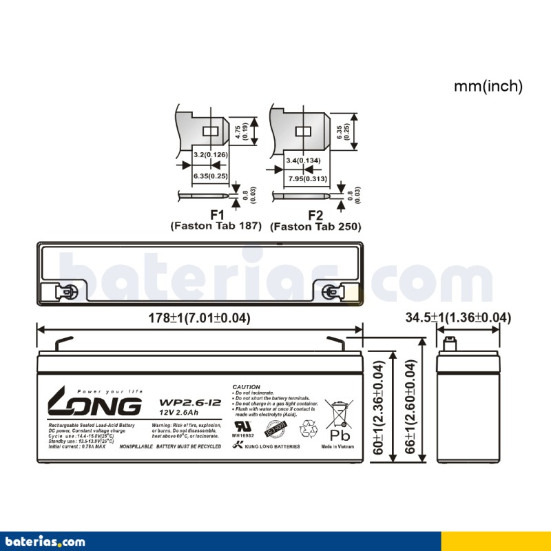 Bateria de cadeira de rodas Long WP26-12 12V 26Ah AGM – imagem 2